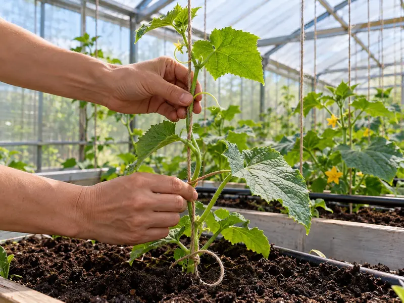 Gurkplanta som binds upp längs ett snöre från taket i ett växthus.