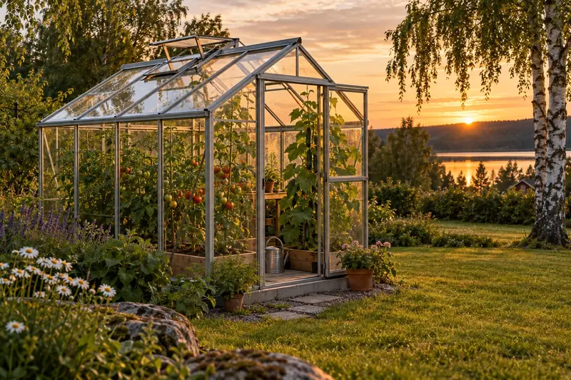 Litet växthus av glas i en svensk trädgård med tomater och gurka inne en sommarkväll.