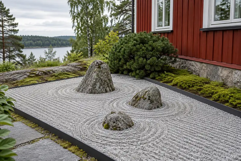 Liten zenträdgård vid ett svenskt trähus med krattat grus, tre stenar och en mosskant.