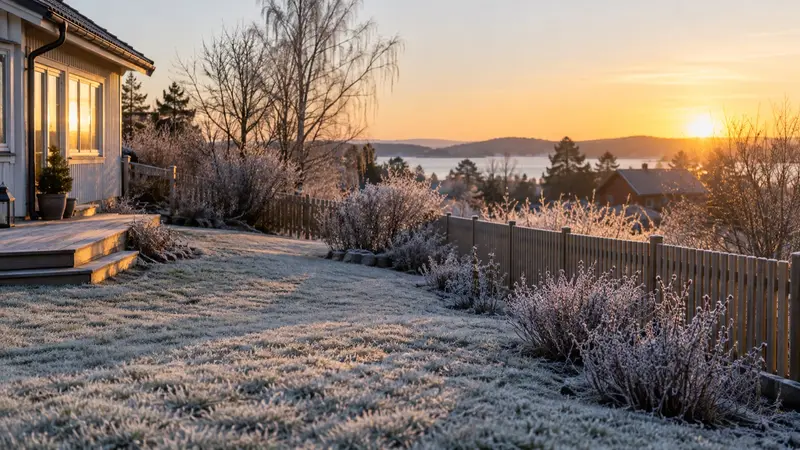 Svensk villaträdgård i gryningen med rimfrost på gräsmatta och kala buskar längs ett trästaket.