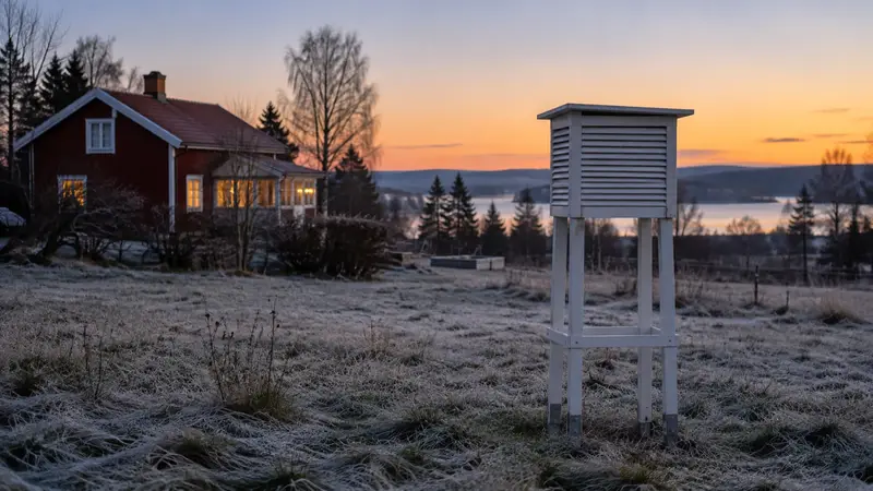 En vit väderstation på en öppen äng i skymningen med lätt frost på gräset.