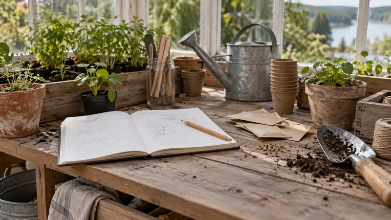 Planteringsbord med anteckningsbok, penna, fröpåsar utan text och en planteringsspade i dagsljus.