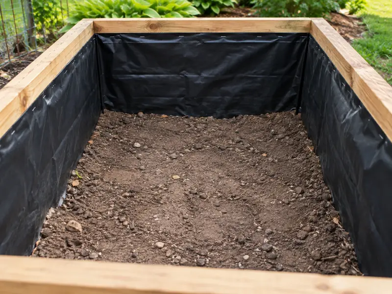alt: "Insidan av en pallkrage klädd med svart plast längs sidorna innan jorden fylls på.