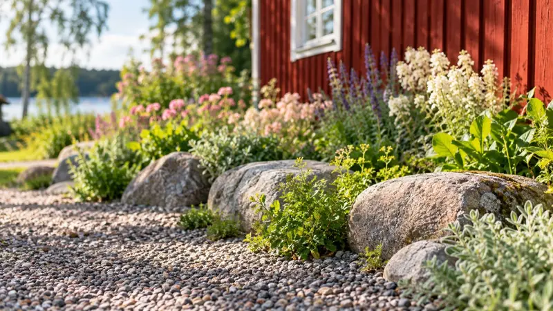 Solig rabatt med grusyta och natursten framför en röd trävägg en sommardag.