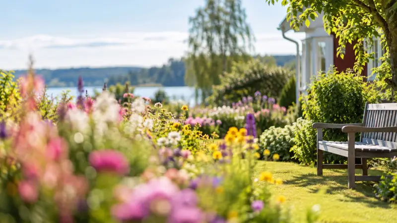 En blommande ängsliknande rabatt i en svensk villaträdgård en sommardag, i mjuk oskärpa.