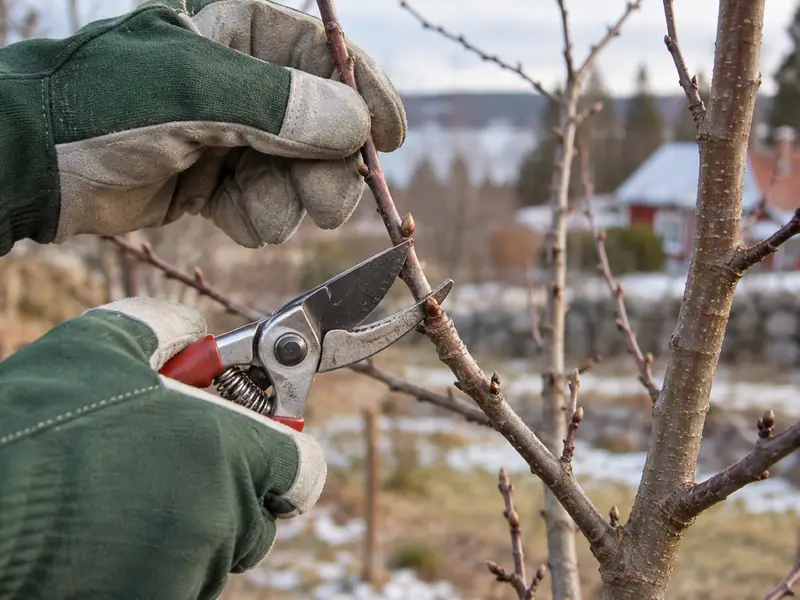 Händer i trädgårdshandskar klipper ett tunt skott strax ovanför en knopp med en sekatör.