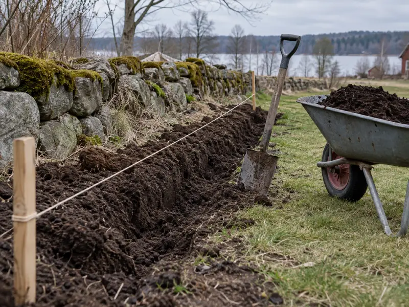 En spänd snörlinje och en spade längs en grävd planteringsränna vid en tomtgräns.