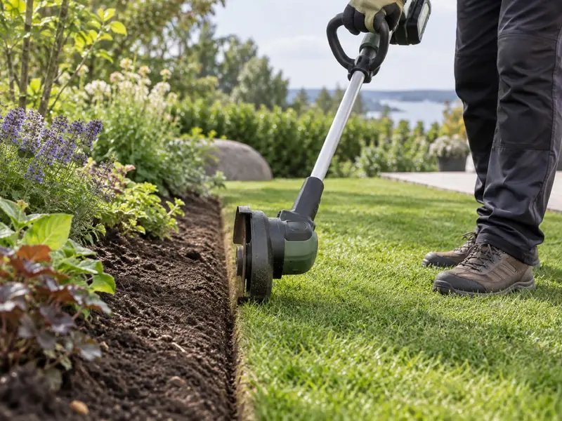 En grästrimmer med huvudet vridet för kantklippning längs en rabattkant.