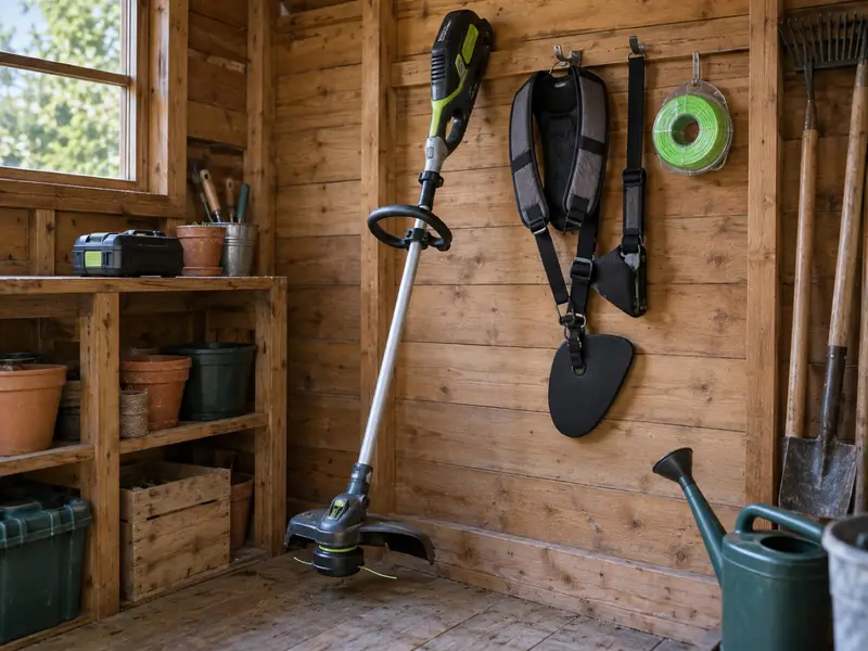 En trimmer med axelsele hänger på en krok i ett städat redskapsförråd.