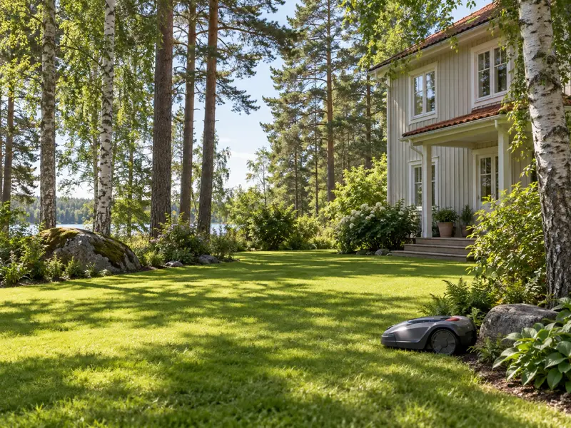 alt: "En trädgård med höga träd och ett hus tätt intill gräsmattan.