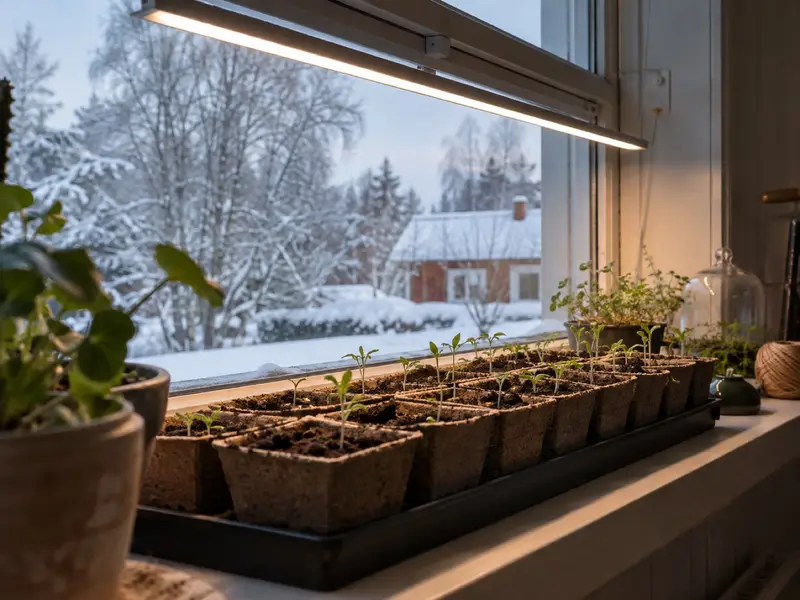 Fönsterbänk på vintern med en smal LED-lampa över en rad såkrukor, snö utanför.