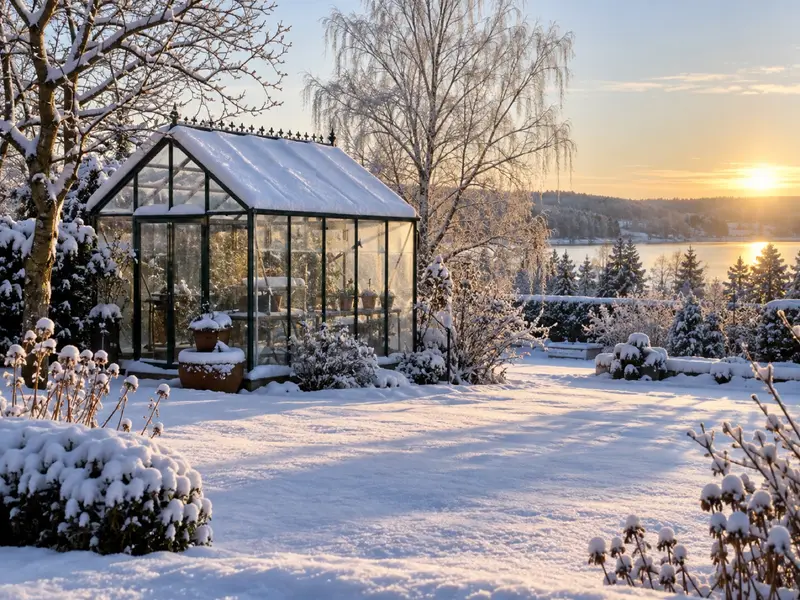 alt: "Snö på taket av ett litet växthus i en trädgård en vintermorgon.